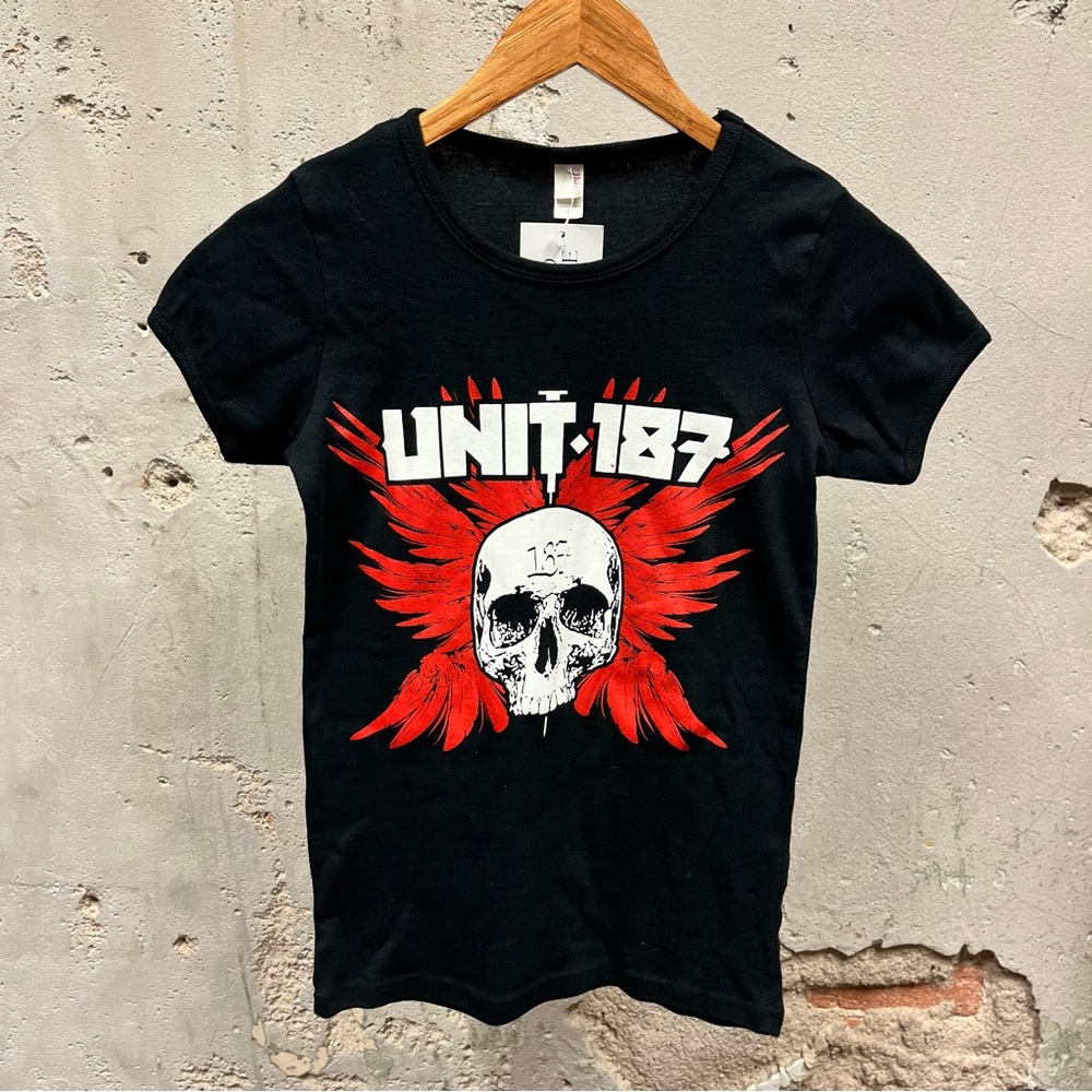 Unit:187 Y2K Fitted Women's Black Skull Print Baby T-Shirt Small S Punk Rock Ska